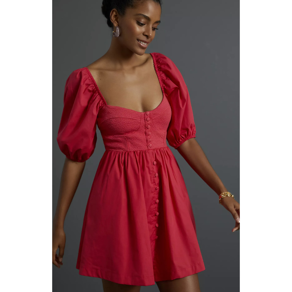 Anthropologie Red Puff-Sleeve Sweetheart Mini Dress - New - Medium